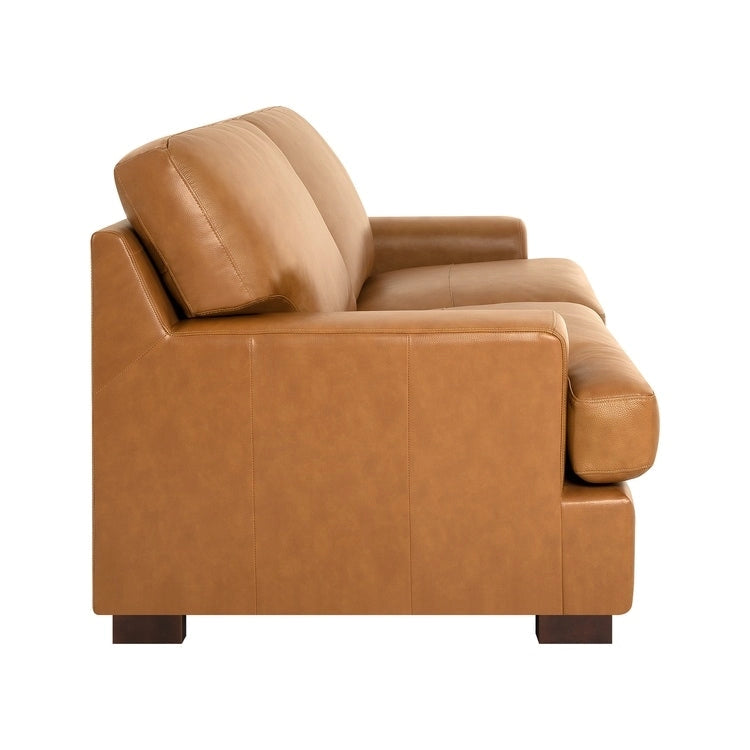 Genuine Leather Square Arm Loveseat Sofa with Sturdy Block Legs - Luxurious Comfort Goose Feather Cushion