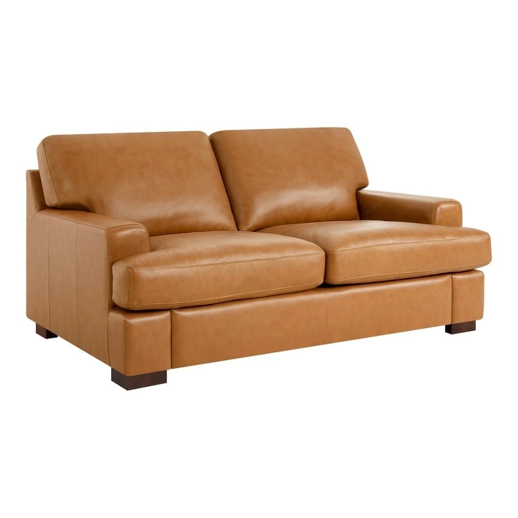 Genuine Leather Square Arm Loveseat Sofa with Sturdy Block Legs - Luxurious Comfort Goose Feather Cushion