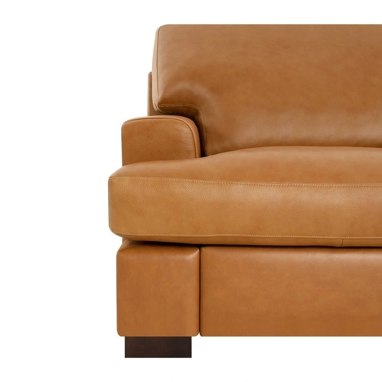 Genuine Leather Square Arm Loveseat Sofa with Sturdy Block Legs - Luxurious Comfort Goose Feather Cushion