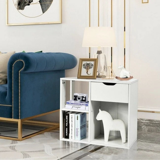 Tavolino laterale a 3 ripiani con ripiano portaoggetti e spazio per cassetto - 23.5 x 12 x 20.5 (L x W x H)