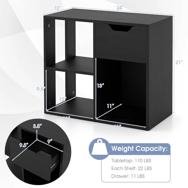 Tavolino laterale a 3 ripiani con ripiano portaoggetti e spazio per cassetto - 23.5 x 12 x 20.5 (L x W x H)