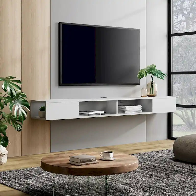 WAMPAT 70-Zoll-Schweberegal für den Fernseher mit LED-Beleuchtung, schwebendes TV-Möbel unter dem Fernseher, Medienkonsole fürs Wohnzimmer – 70 Zoll