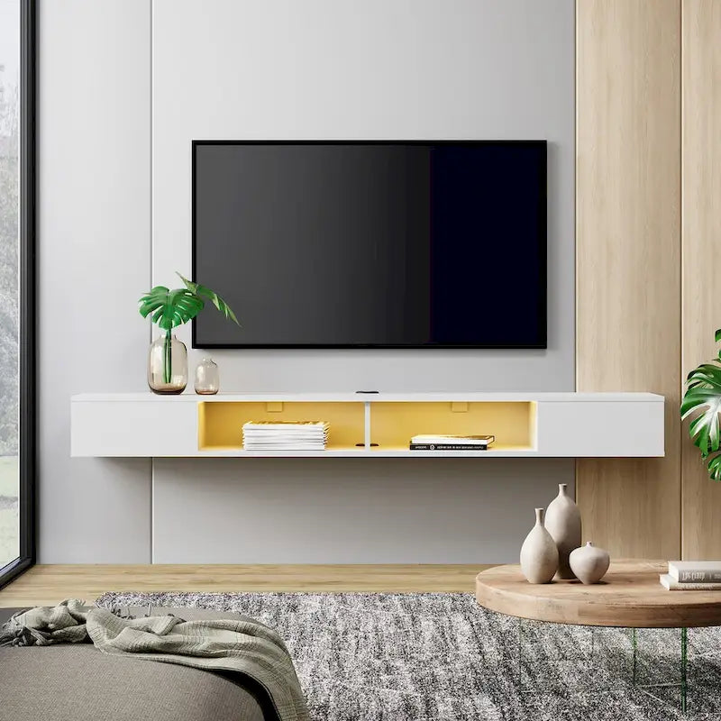 WAMPAT 70-Zoll-Schweberegal für den Fernseher mit LED-Beleuchtung, schwebendes TV-Möbel unter dem Fernseher, Medienkonsole fürs Wohnzimmer – 70 Zoll