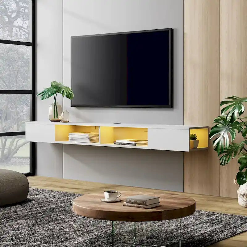 WAMPAT 70-Zoll-Schweberegal für den Fernseher mit LED-Beleuchtung, schwebendes TV-Möbel unter dem Fernseher, Medienkonsole fürs Wohnzimmer – 70 Zoll