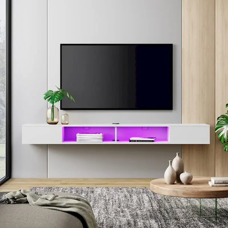 WAMPAT 70-Zoll-Schweberegal für den Fernseher mit LED-Beleuchtung, schwebendes TV-Möbel unter dem Fernseher, Medienkonsole fürs Wohnzimmer – 70 Zoll