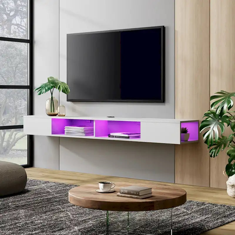 WAMPAT 70-Zoll-Schweberegal für den Fernseher mit LED-Beleuchtung, schwebendes TV-Möbel unter dem Fernseher, Medienkonsole fürs Wohnzimmer – 70 Zoll