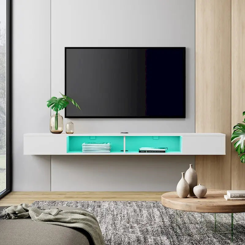 WAMPAT 70-Zoll-Schweberegal für den Fernseher mit LED-Beleuchtung, schwebendes TV-Möbel unter dem Fernseher, Medienkonsole fürs Wohnzimmer – 70 Zoll
