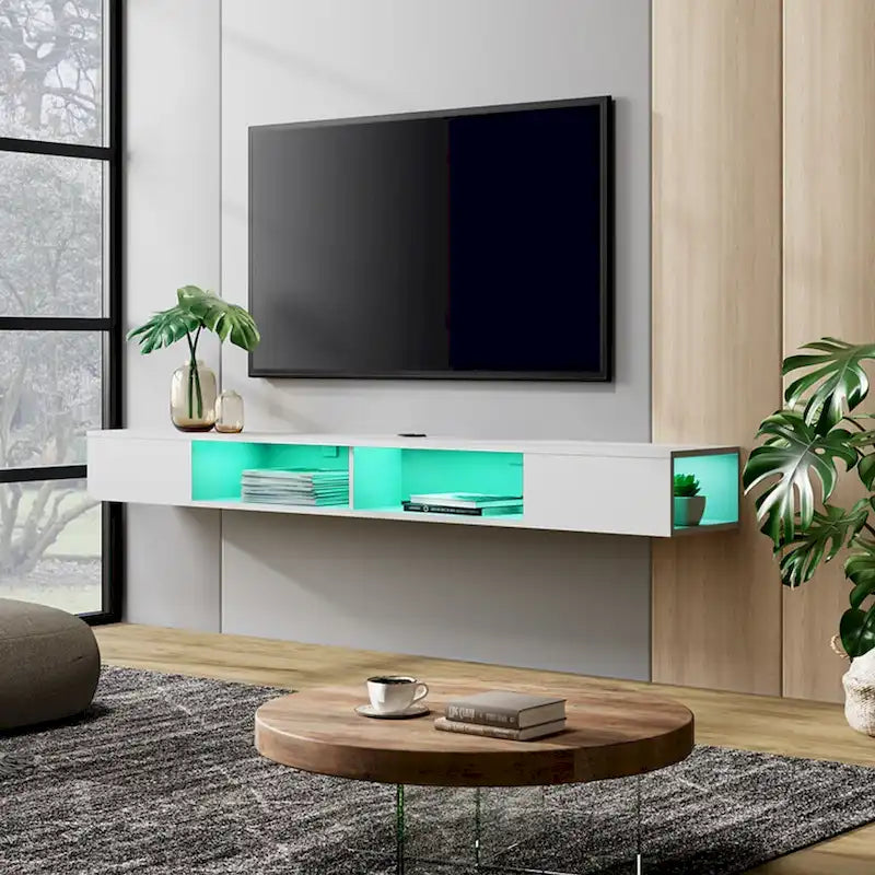 WAMPAT 70-Zoll-Schweberegal für den Fernseher mit LED-Beleuchtung, schwebendes TV-Möbel unter dem Fernseher, Medienkonsole fürs Wohnzimmer – 70 Zoll