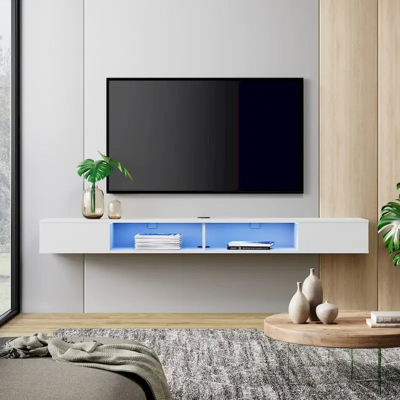 WAMPAT 70-Zoll-Schweberegal für den Fernseher mit LED-Beleuchtung, schwebendes TV-Möbel unter dem Fernseher, Medienkonsole fürs Wohnzimmer – 70 Zoll