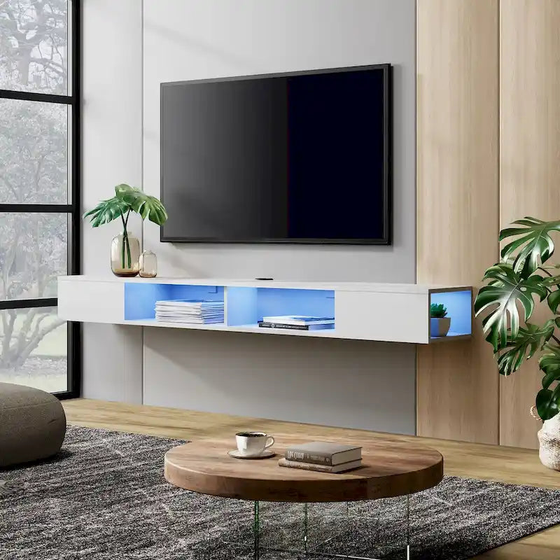WAMPAT 70-Zoll-Schweberegal für den Fernseher mit LED-Beleuchtung, schwebendes TV-Möbel unter dem Fernseher, Medienkonsole fürs Wohnzimmer – 70 Zoll