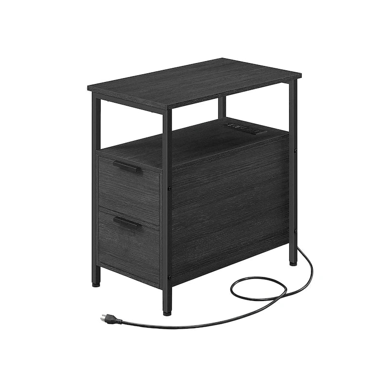 Table d’appoint fine avec 2 tiroirs, table de chevet avec 2 étagères ouvertes et station de recharge pour le salon ou la chambre