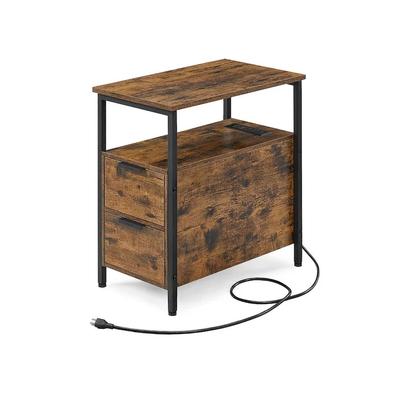 Table d’appoint fine avec 2 tiroirs, table de chevet avec 2 étagères ouvertes et station de recharge pour le salon ou la chambre