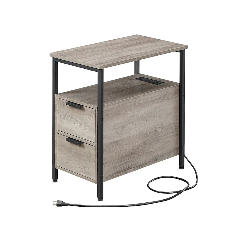 Table d’appoint fine avec 2 tiroirs, table de chevet avec 2 étagères ouvertes et station de recharge pour le salon ou la chambre