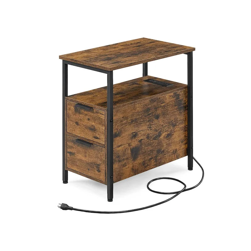 Table d’appoint fine avec 2 tiroirs, table de chevet avec 2 étagères ouvertes et station de recharge pour le salon ou la chambre