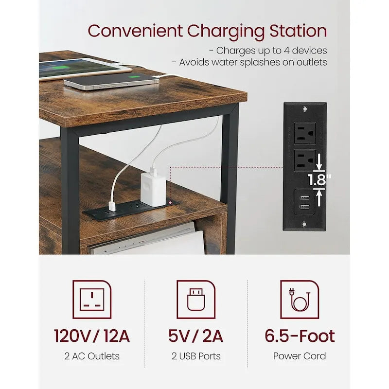 Table d’appoint fine avec 2 tiroirs, table de chevet avec 2 étagères ouvertes et station de recharge pour le salon ou la chambre