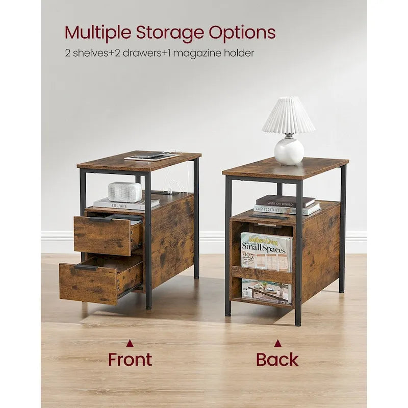 Table d’appoint fine avec 2 tiroirs, table de chevet avec 2 étagères ouvertes et station de recharge pour le salon ou la chambre