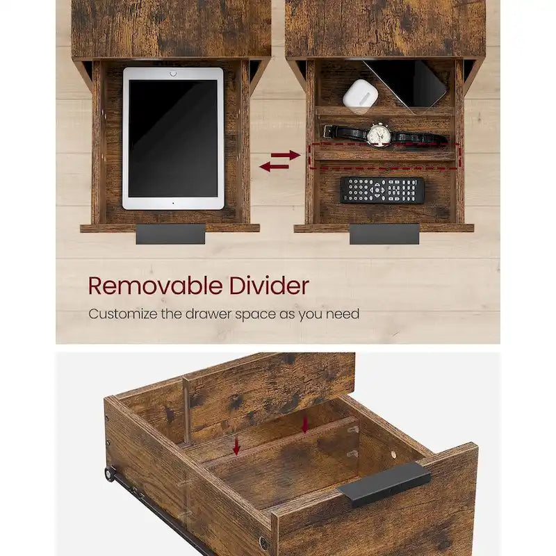 Table d’appoint fine avec 2 tiroirs, table de chevet avec 2 étagères ouvertes et station de recharge pour le salon ou la chambre