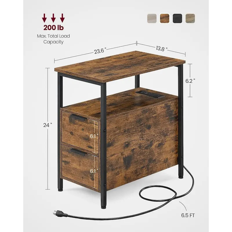 Table d’appoint fine avec 2 tiroirs, table de chevet avec 2 étagères ouvertes et station de recharge pour le salon ou la chambre