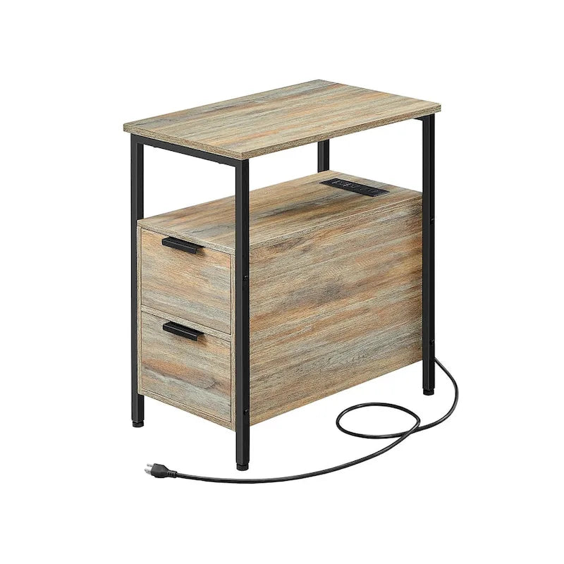 Table d’appoint fine avec 2 tiroirs, table de chevet avec 2 étagères ouvertes et station de recharge pour le salon ou la chambre