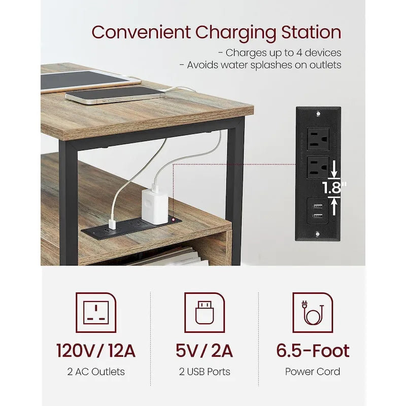 Table d’appoint fine avec 2 tiroirs, table de chevet avec 2 étagères ouvertes et station de recharge pour le salon ou la chambre
