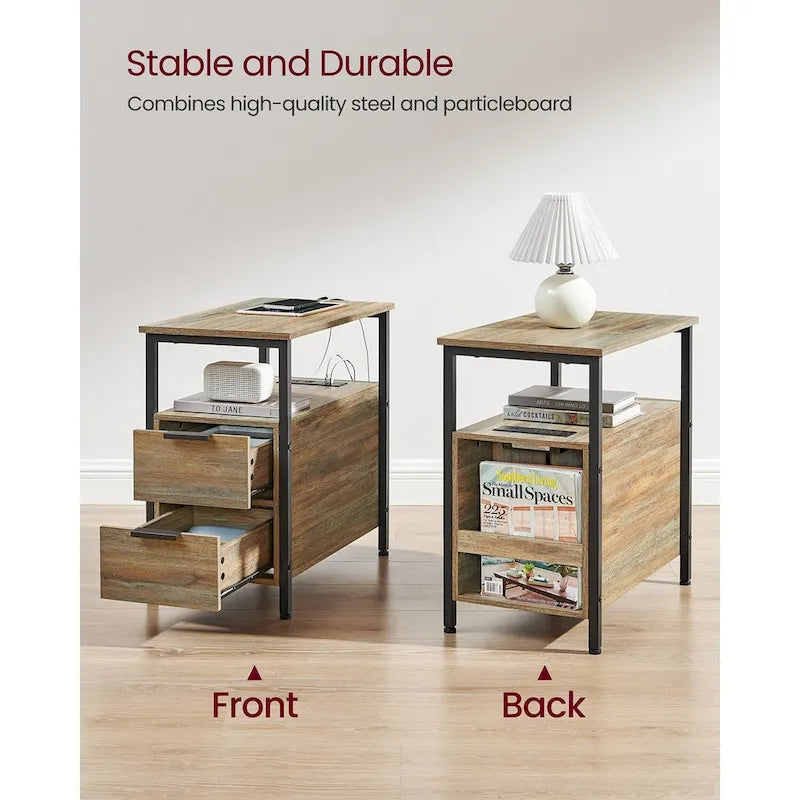 Table d’appoint fine avec 2 tiroirs, table de chevet avec 2 étagères ouvertes et station de recharge pour le salon ou la chambre