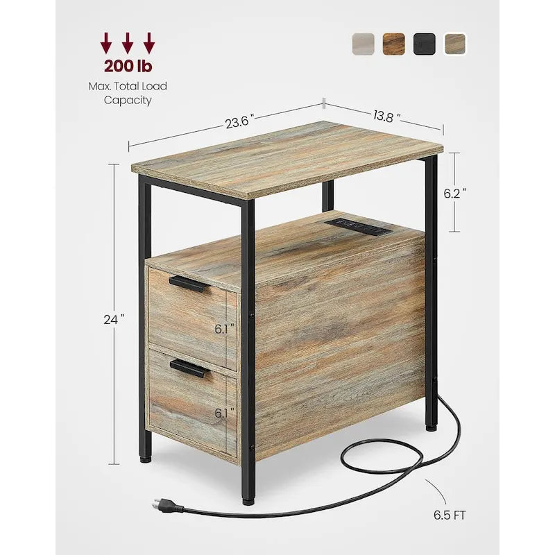 Table d’appoint fine avec 2 tiroirs, table de chevet avec 2 étagères ouvertes et station de recharge pour le salon ou la chambre