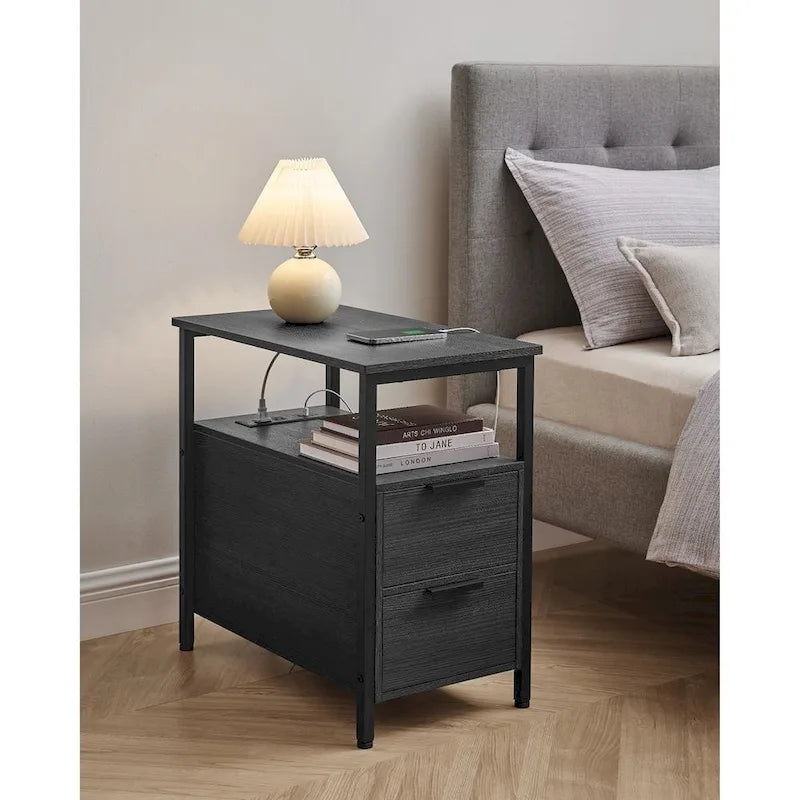 Table d’appoint fine avec 2 tiroirs, table de chevet avec 2 étagères ouvertes et station de recharge pour le salon ou la chambre
