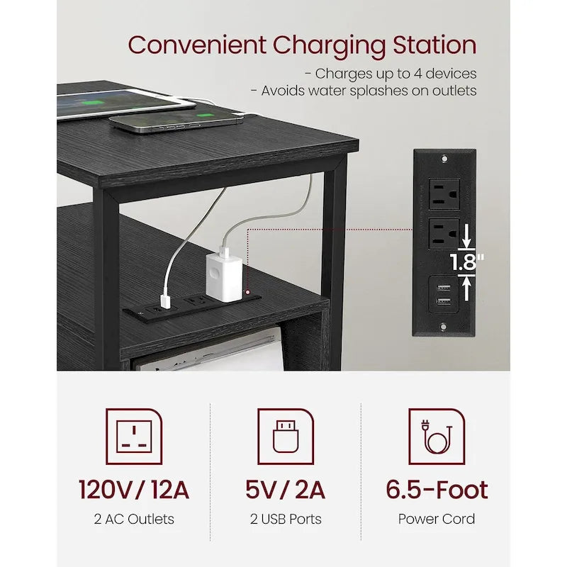 Table d’appoint fine avec 2 tiroirs, table de chevet avec 2 étagères ouvertes et station de recharge pour le salon ou la chambre