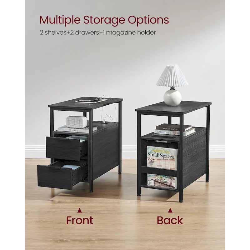 Table d’appoint fine avec 2 tiroirs, table de chevet avec 2 étagères ouvertes et station de recharge pour le salon ou la chambre