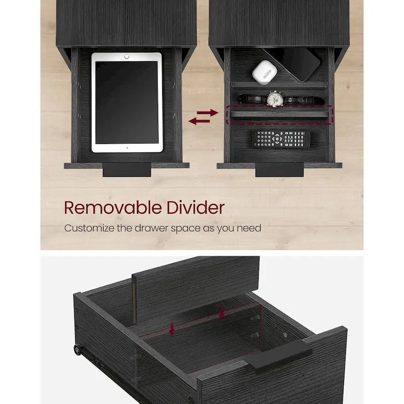 Table d’appoint fine avec 2 tiroirs, table de chevet avec 2 étagères ouvertes et station de recharge pour le salon ou la chambre