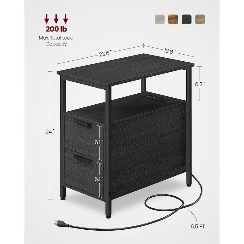 Table d’appoint fine avec 2 tiroirs, table de chevet avec 2 étagères ouvertes et station de recharge pour le salon ou la chambre