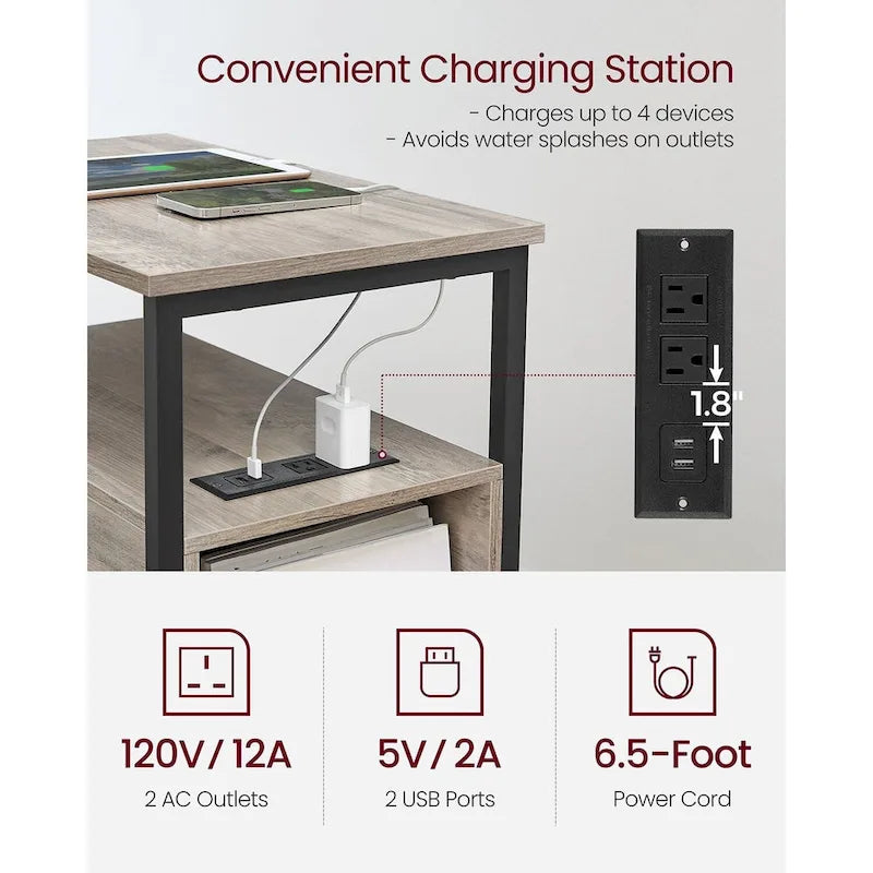 Table d’appoint fine avec 2 tiroirs, table de chevet avec 2 étagères ouvertes et station de recharge pour le salon ou la chambre