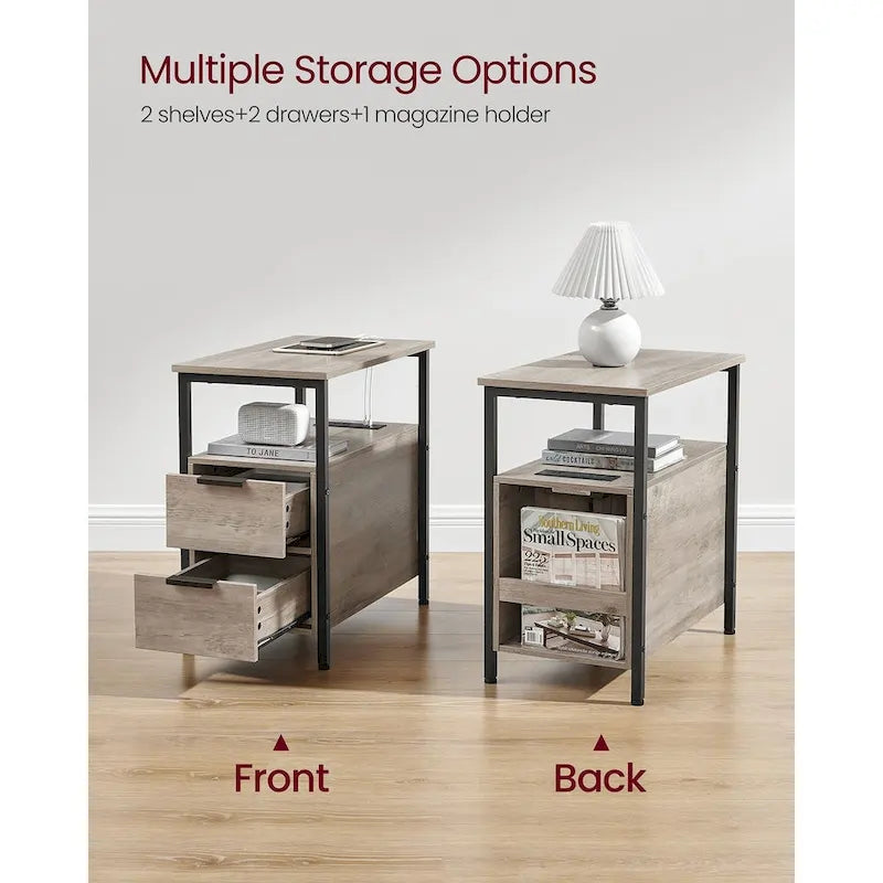Table d’appoint fine avec 2 tiroirs, table de chevet avec 2 étagères ouvertes et station de recharge pour le salon ou la chambre