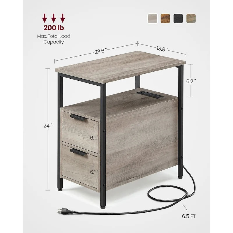 Table d’appoint fine avec 2 tiroirs, table de chevet avec 2 étagères ouvertes et station de recharge pour le salon ou la chambre