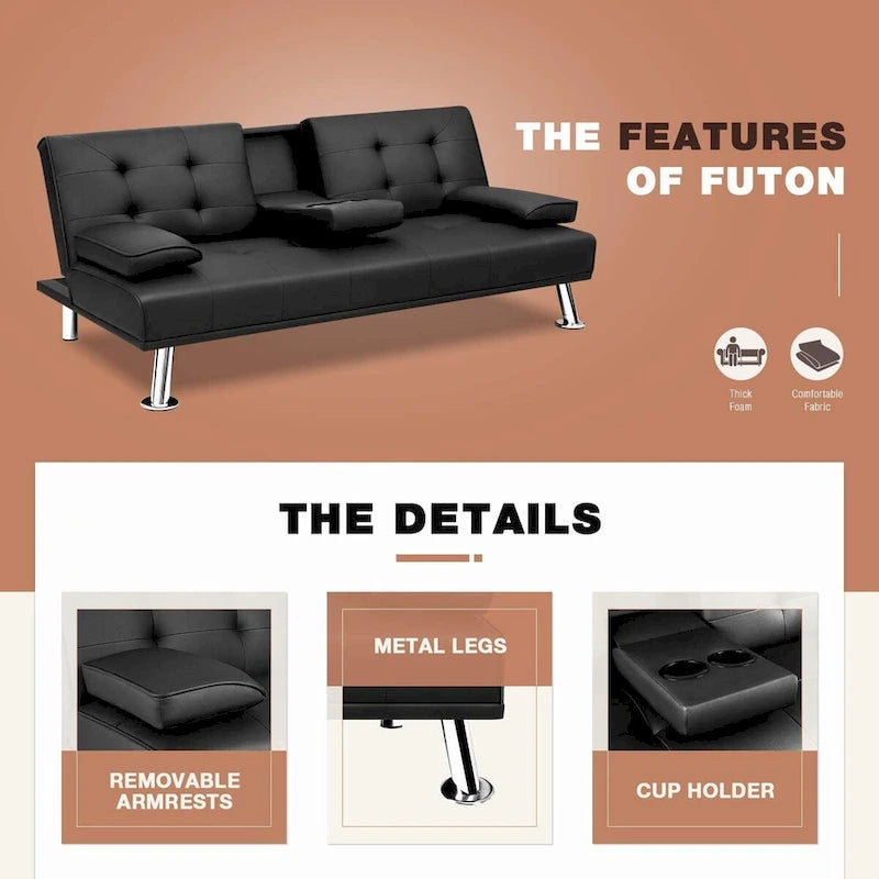 Furniwell modern műbőr futon pohártartókkal és párnákkal, 65