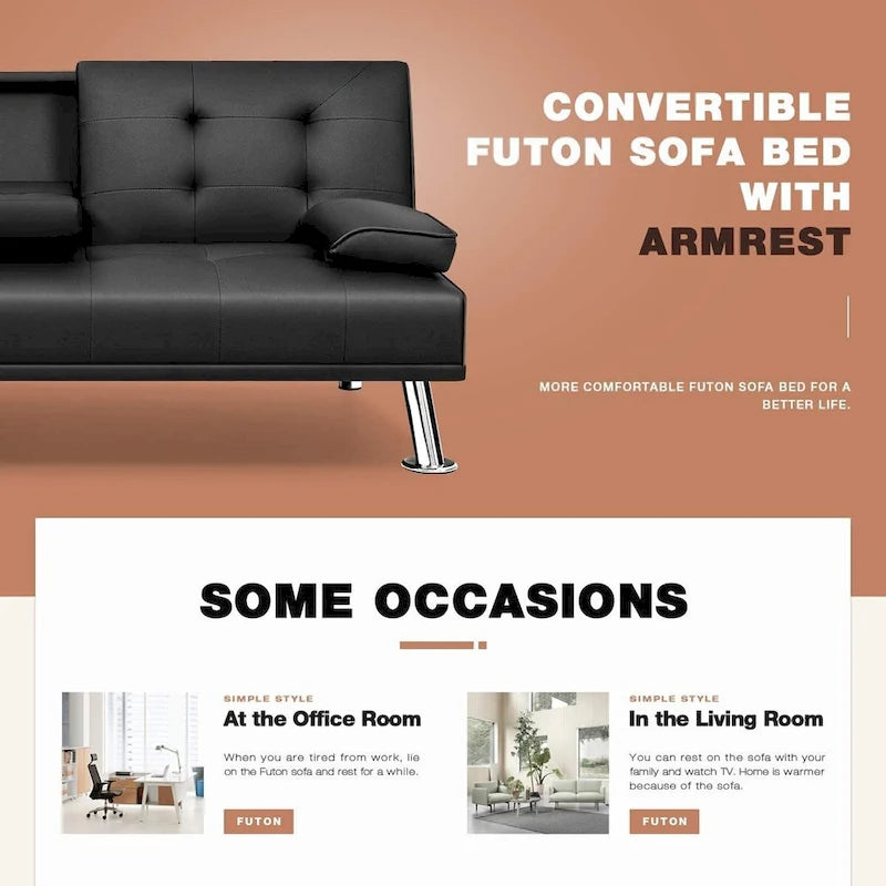 Furniwell modern műbőr futon pohártartókkal és párnákkal, 65