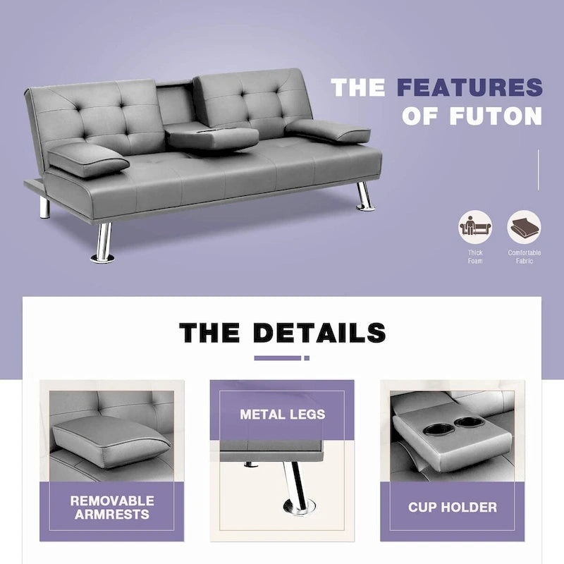 Furniwell modern műbőr futon pohártartókkal és párnákkal, 65