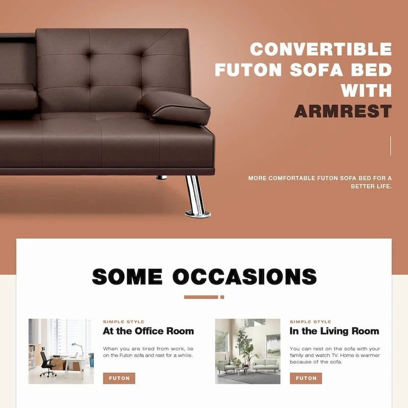 Furniwell modern műbőr futon pohártartókkal és párnákkal, 65
