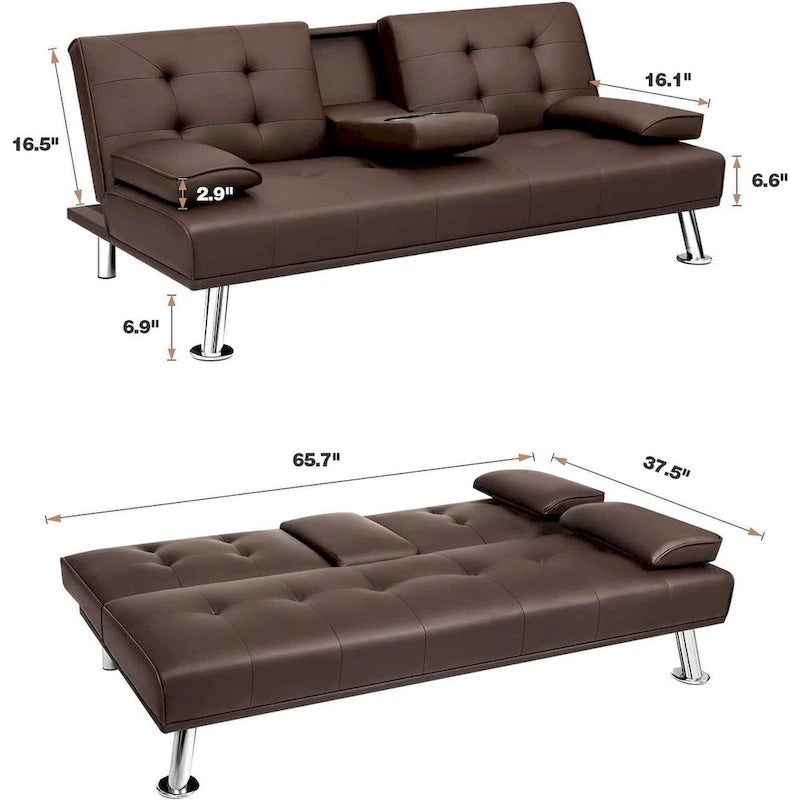 Furniwell modern műbőr futon pohártartókkal és párnákkal, 65