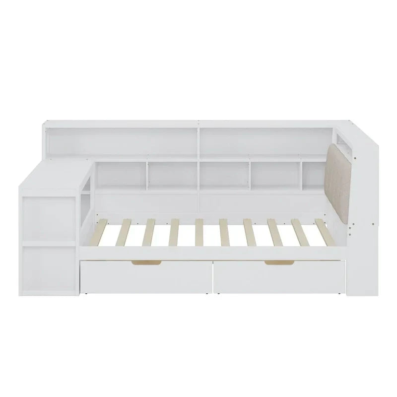 L-förmiges Holz-Sofa-Tagesbett mit Schreibtisch, Bücherregal-Schrank, Eckbett mit Schubladen unter dem Bett, gepolstertem Kopfteil und integrierter Beleuchtung