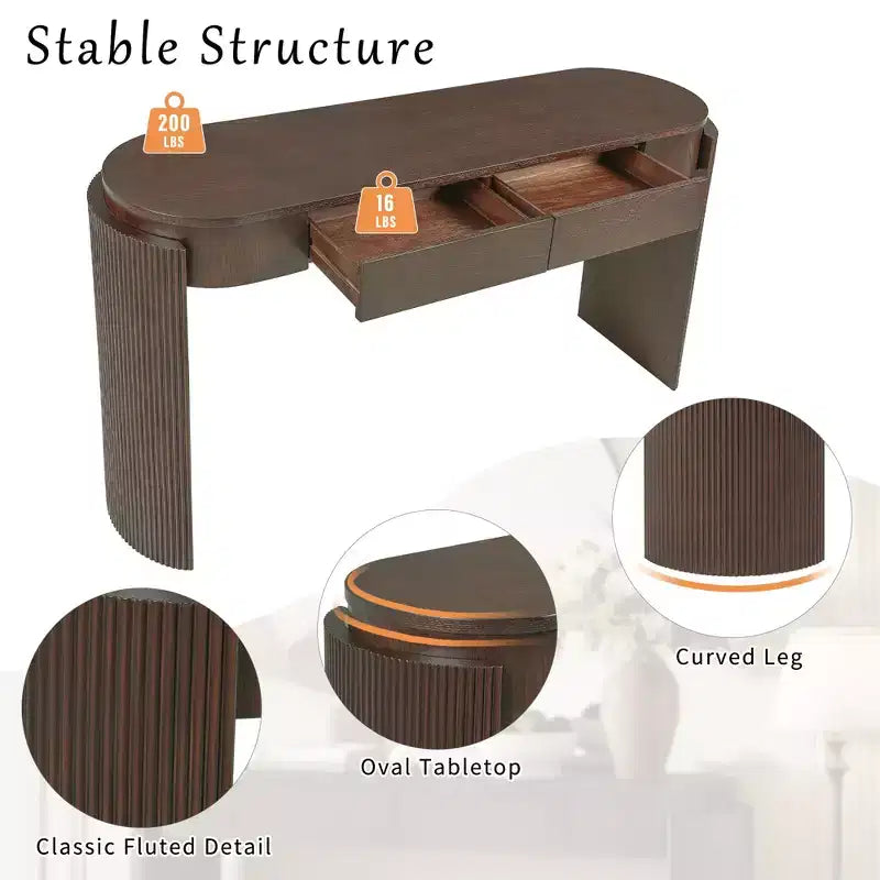 Table console moderne Merax à plateau ovale avec pieds courbés cannelés et deux tiroirs dissimulés