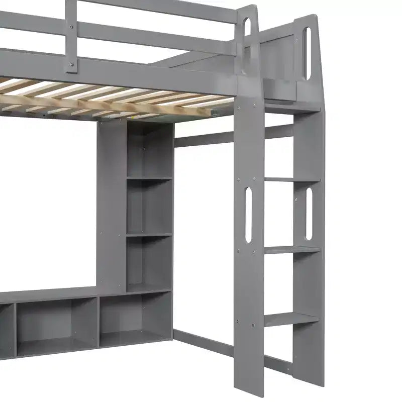 Whisen houten gaminghoogslaper voor eenpersoonsmatras met bureau, meerdere opbergplanken, ledverlichting en hangende kledingroede