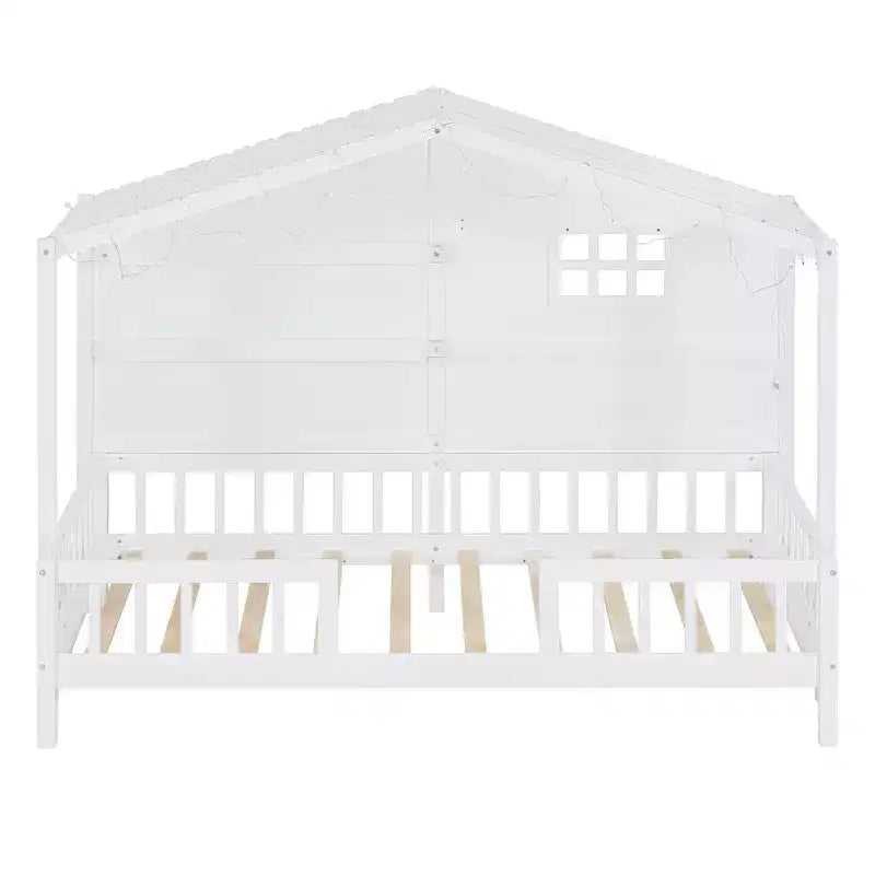 Twin Size House Bed with Storage Shelves and Rails, Wood Kids Montessori Bed Frame with Window and Sparkling Light Strip