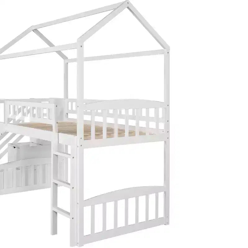 Twin House Loft Bed with Slide and Stairs, Loft Bed with Storage Drawers, Wood Cabin Loft Bed for Kids Toddlers