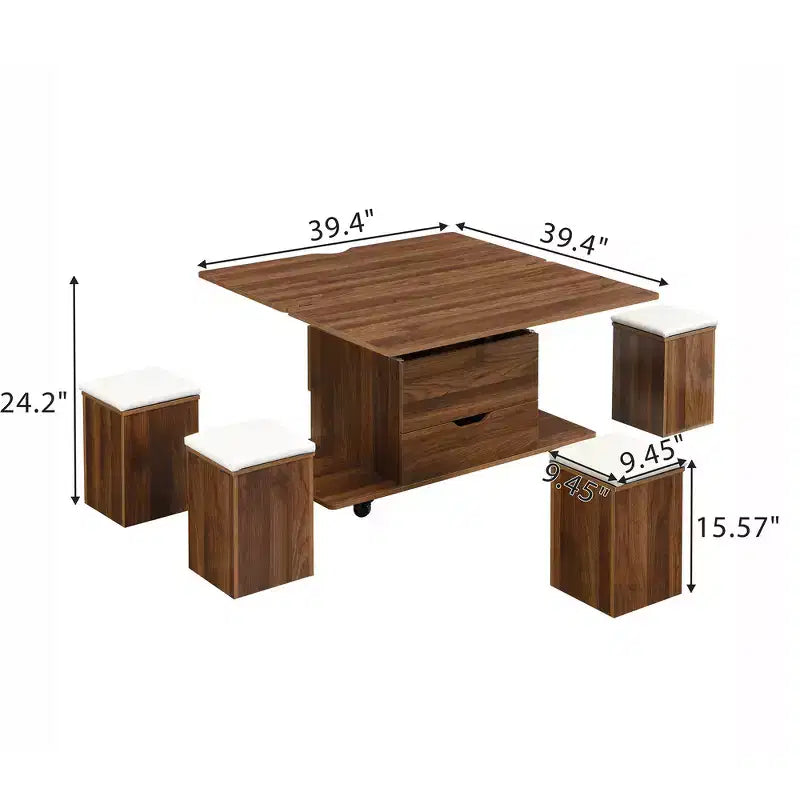 Table basse moderne multifonctionnelle relevable avec rangement dissimulé, 4 tabourets et roulettes, idéale pour les espaces de vie modernes