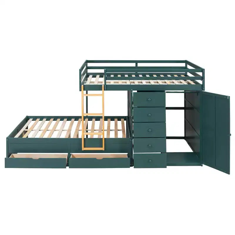 Full over Full Bunk Bed with Storage Wardrobe and Drawers, Full Size Wood Space-Saving Bunk Bed with Guardrail for Apartment, Bedroom