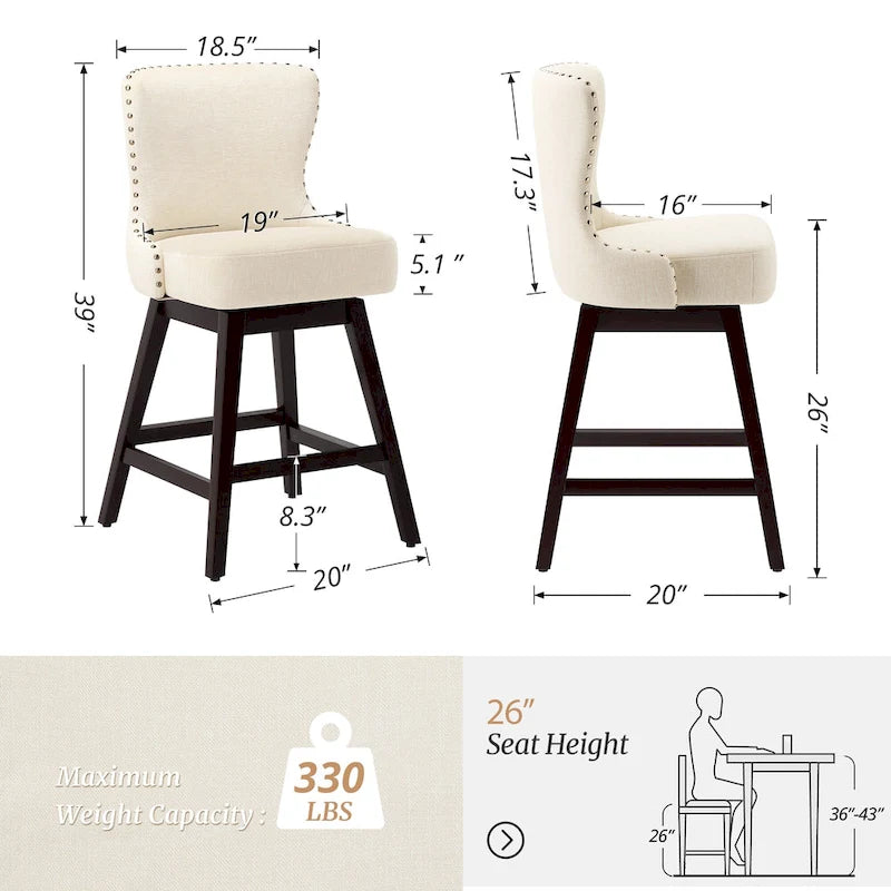 LUE BONA 26-Zoll-Barhocker im modernen Mid-Century-Stil mit Holzgestell, drehbar, Sitz aus Kunstleder und Leinen, 4er-Set
