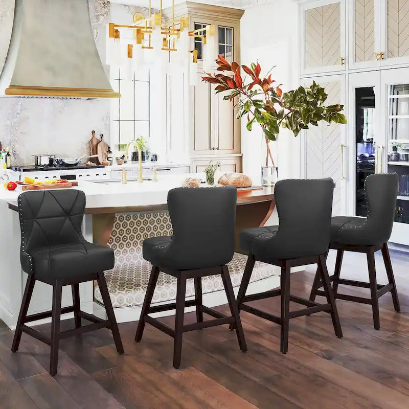 LUE BONA 26-Zoll-Barhocker im modernen Mid-Century-Stil mit Holzgestell, drehbar, Sitz aus Kunstleder und Leinen, 4er-Set