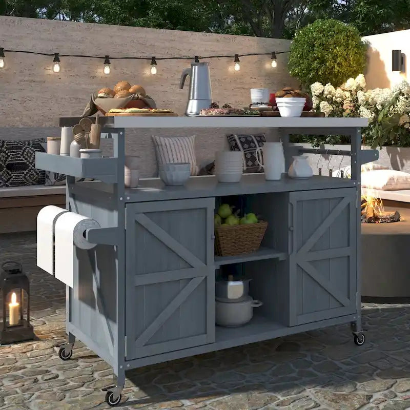 Isola da cucina per esterni, carrello bar con ruote e mobile contenitore, tavolo per griglia da esterni in legno massello stile rustico con piano in acciaio inossidabile