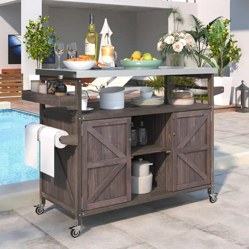 Isola da cucina per esterni, carrello bar con ruote e mobile contenitore, tavolo per griglia da esterni in legno massello stile rustico con piano in acciaio inossidabile
